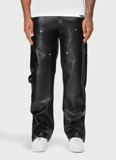 Leather Carpenter Rivet Pants - Black