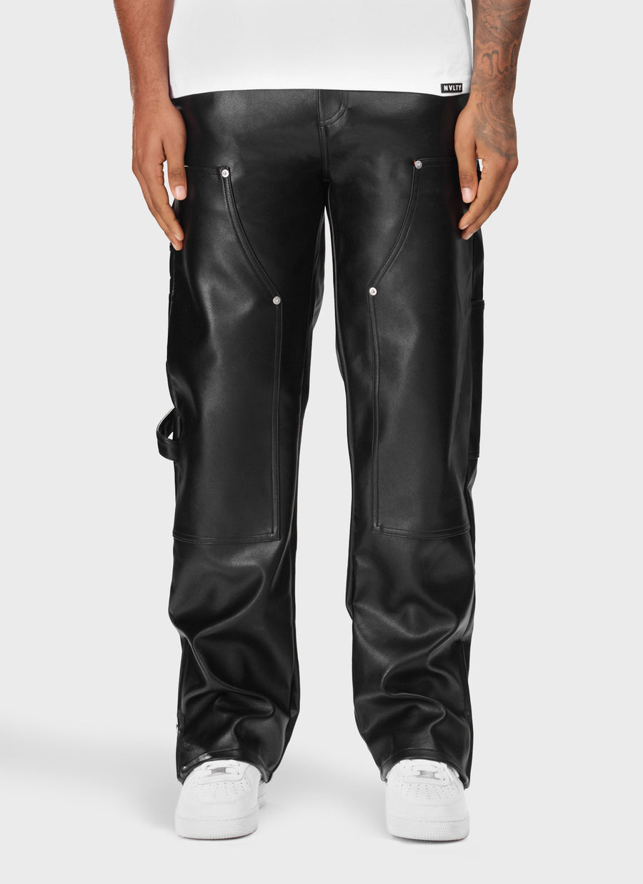 Leather Carpenter Rivet Pants - Black