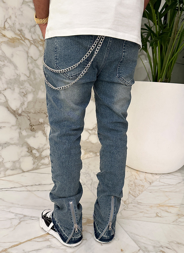 Vintage Flare Hem Zipper Jeans - Blue