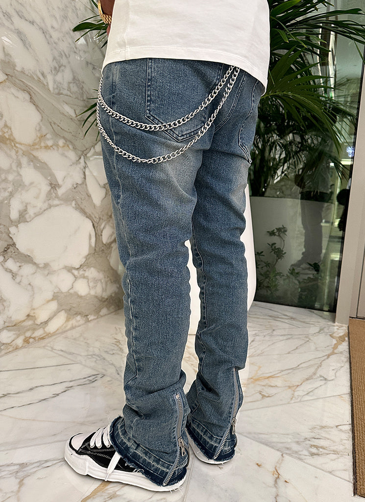 Vintage Flare Hem Zipper Jeans - Blue