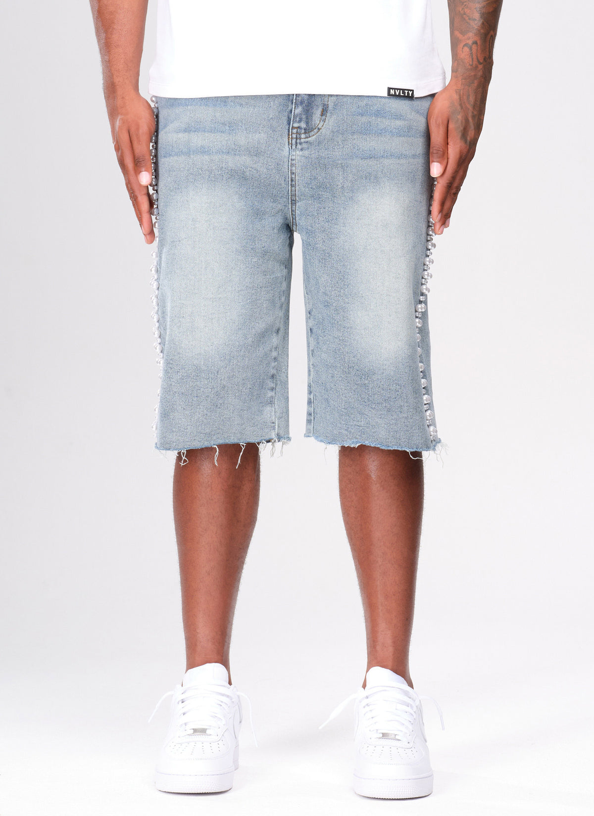 Vintage Pearl Denim Shorts - Blue