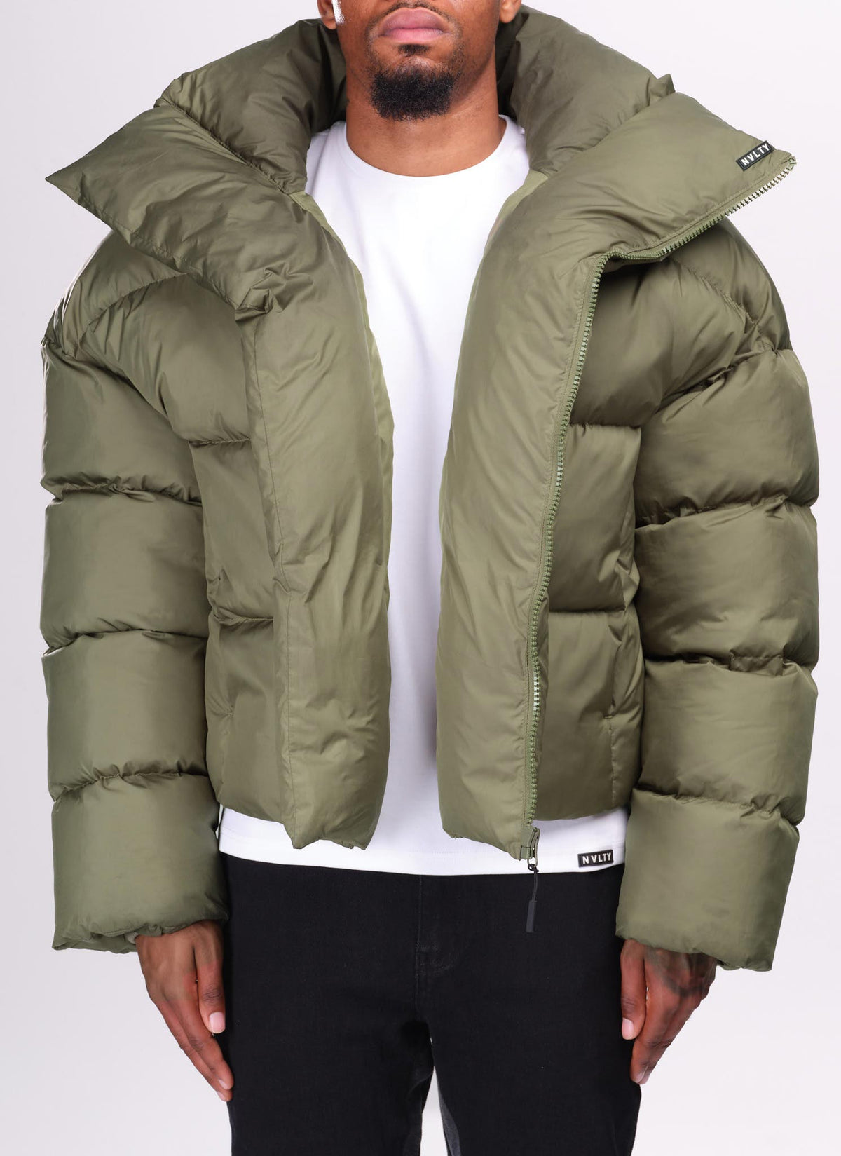 Vintage Shawl Collar Puffer Jacket - Khaki