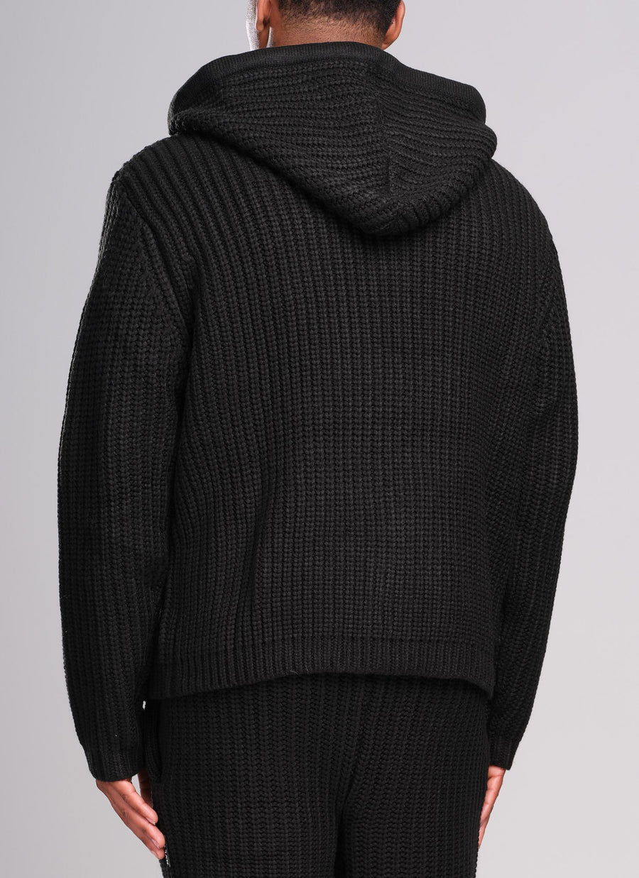 Heavyweight Knitted Zip Hoodie - Black
