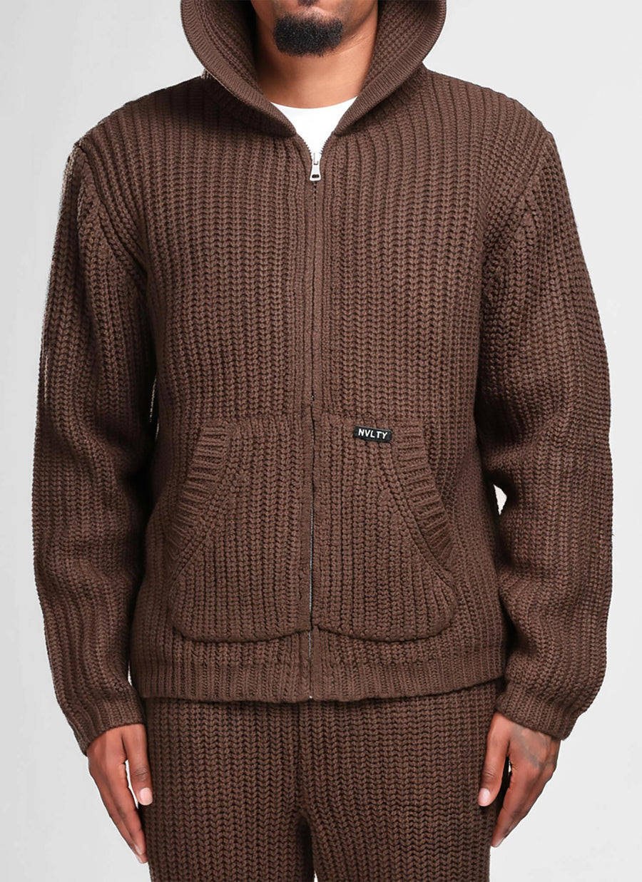 Heavyweight Knitted Zip Hoodie - Brown