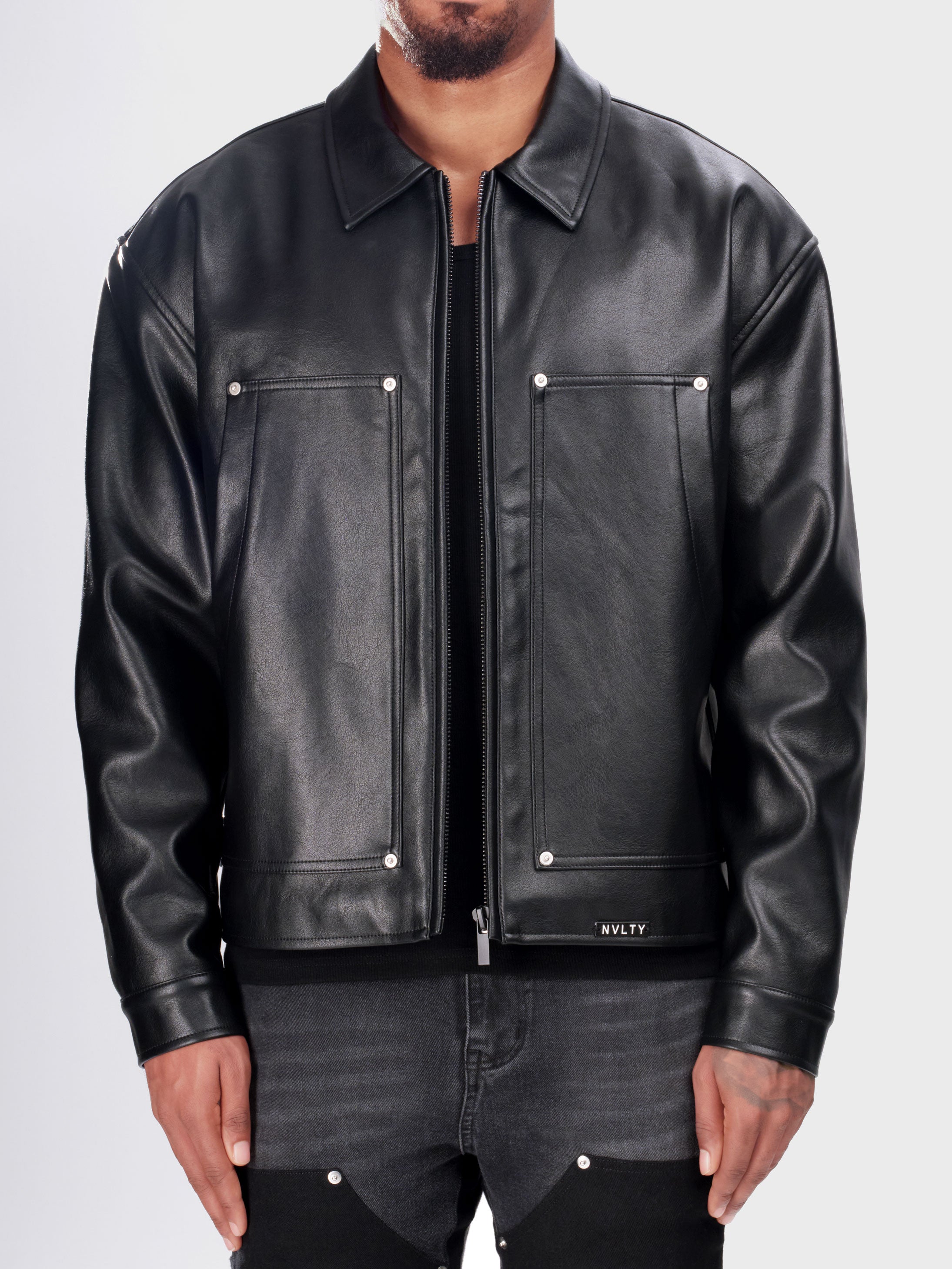 Leather Carpenter Rivet Jacket - Black – N V L T Y