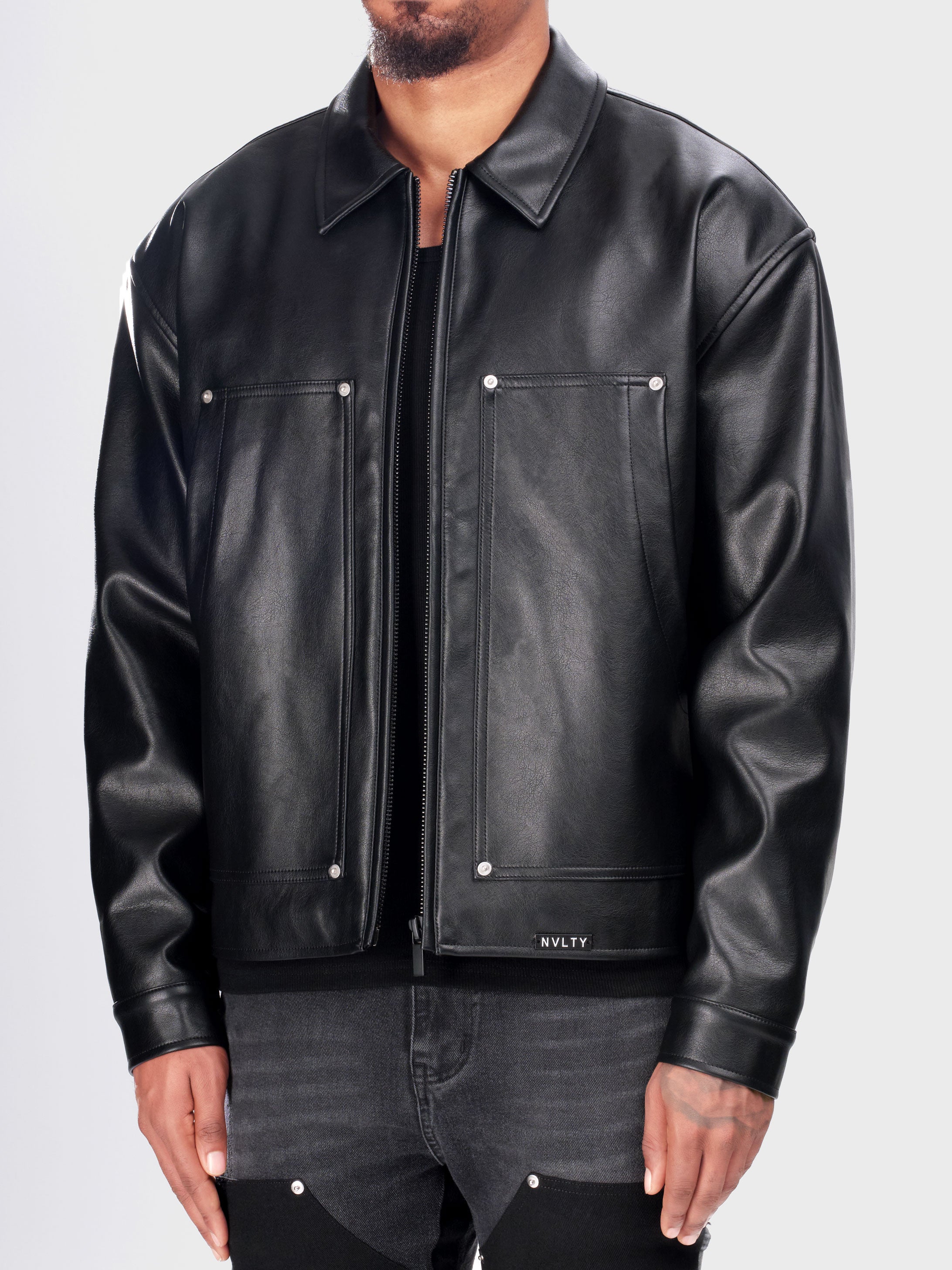 Leather Carpenter Rivet Jacket - Black – N V L T Y