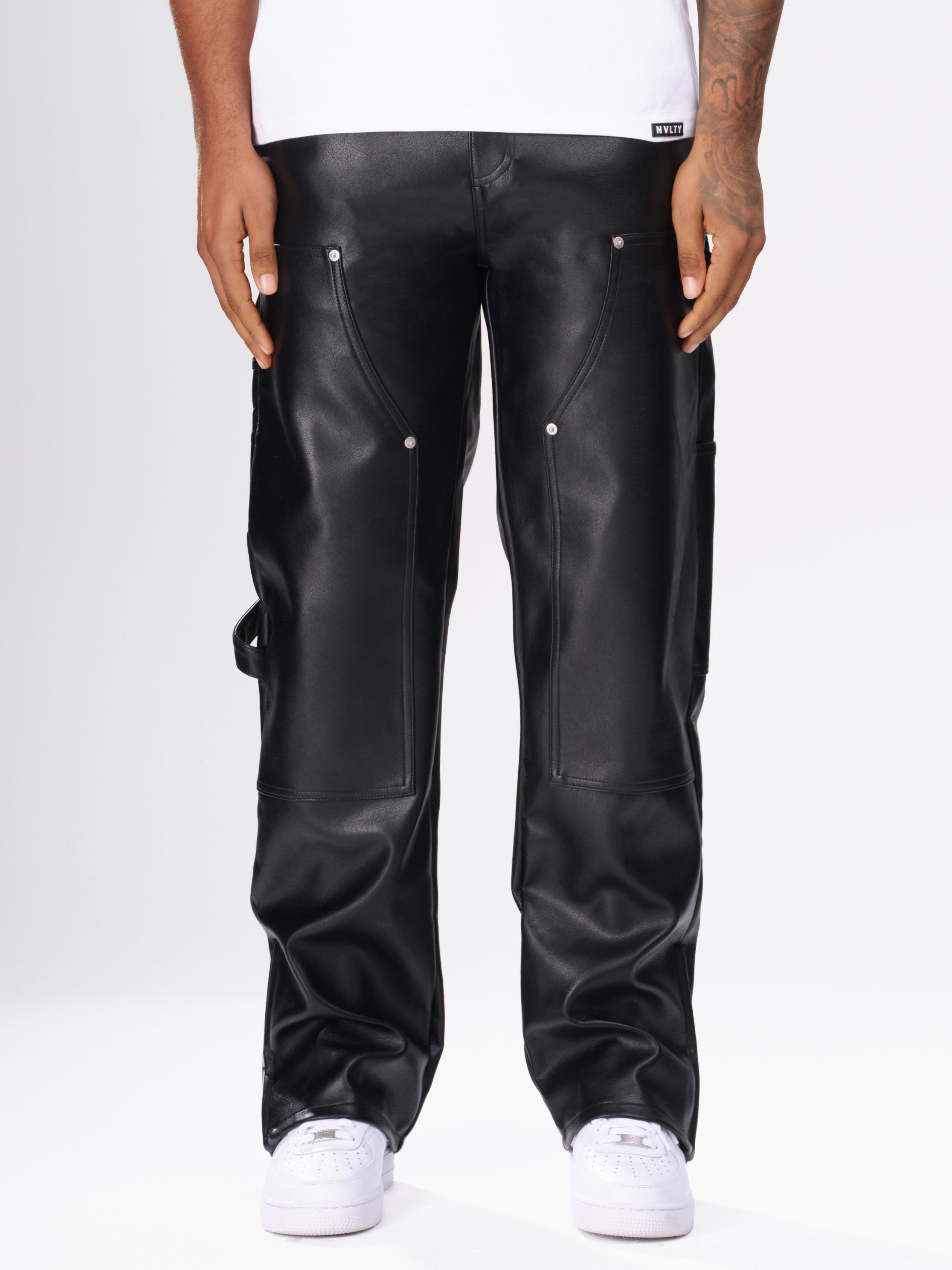 Leather Carpenter Rivet Pants - Black – N V L T Y