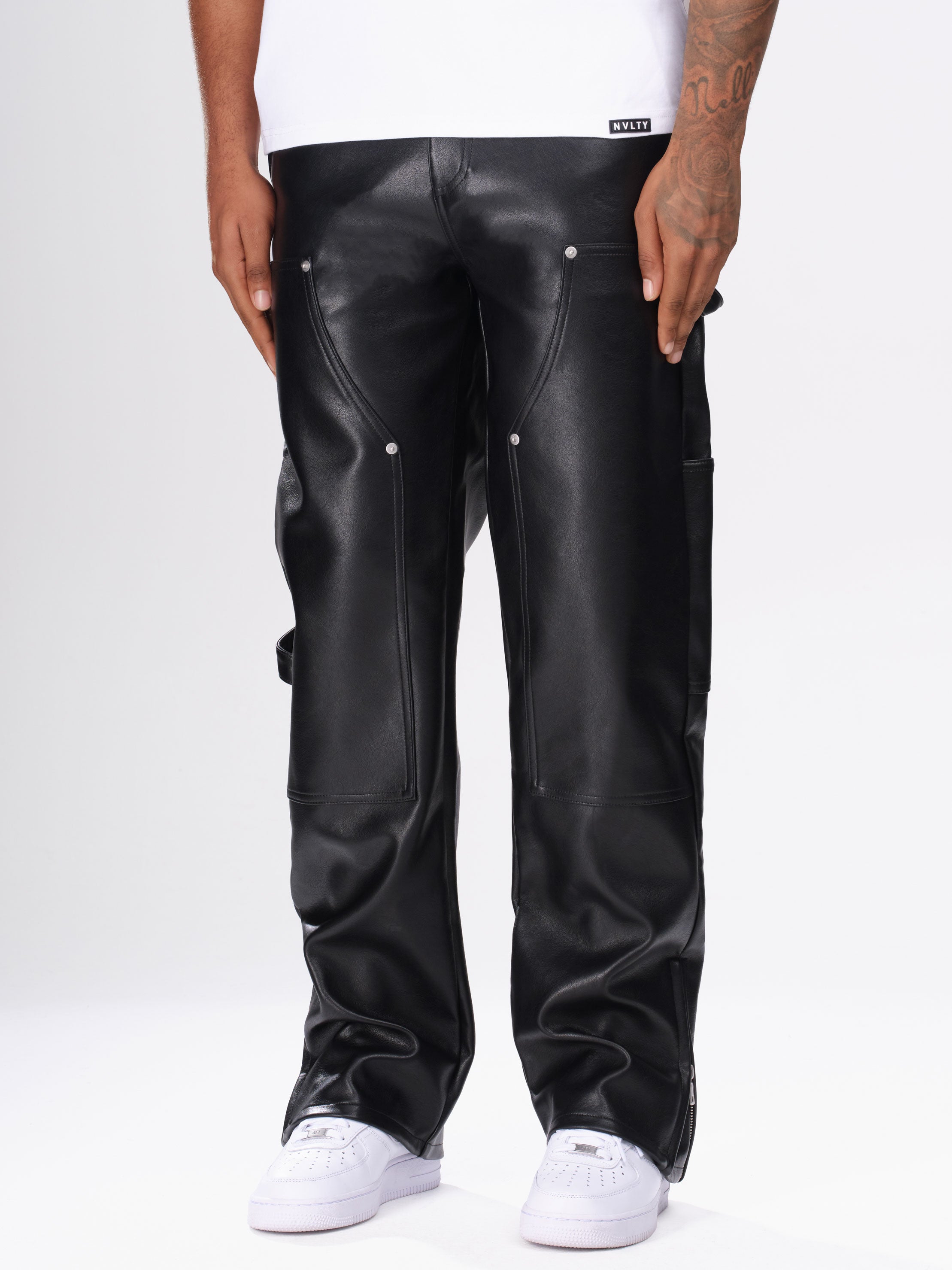 Leather Carpenter Rivet Pants - Black – N V L T Y