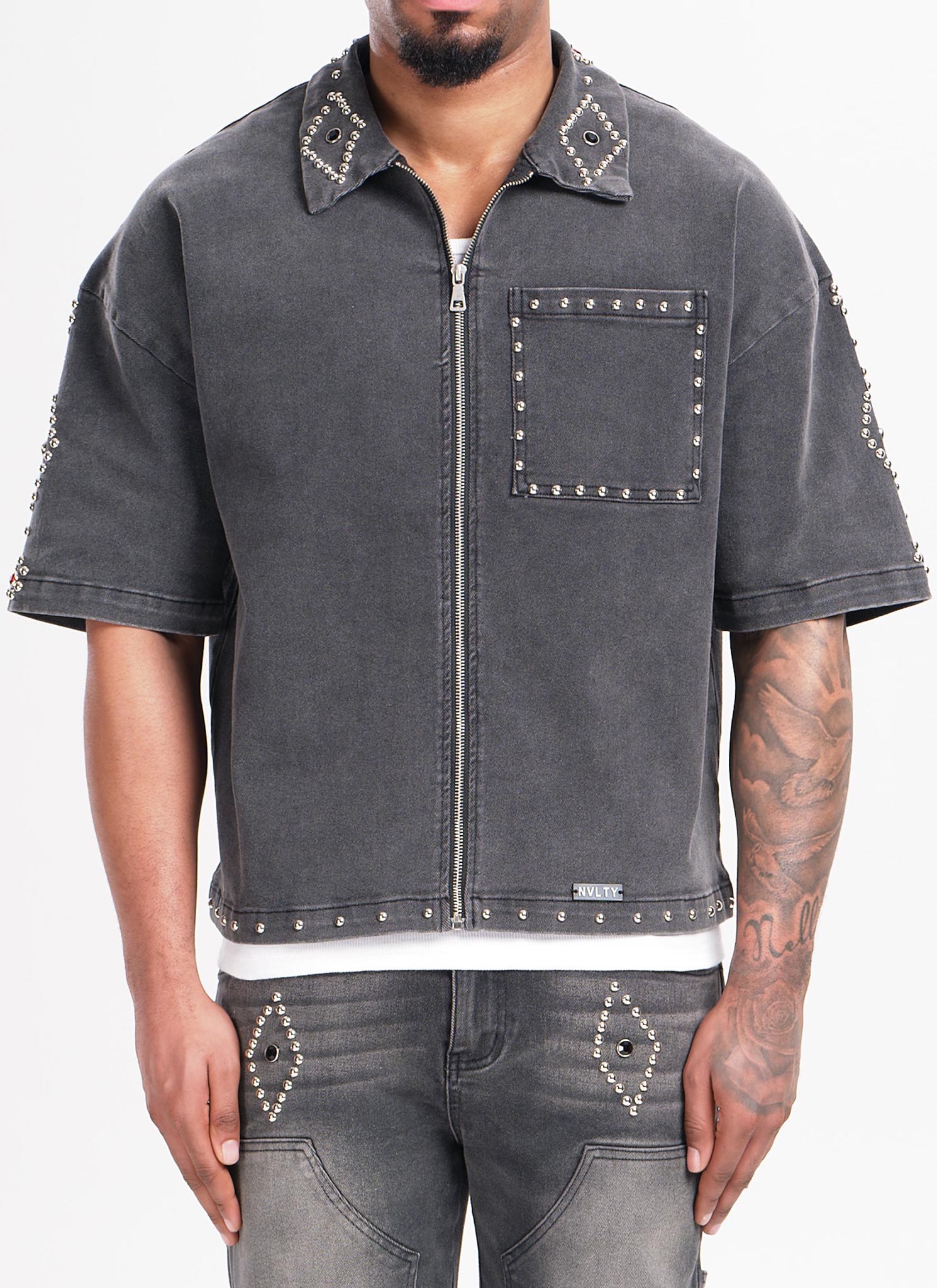 Vintage Studded Denim Shirt - Black