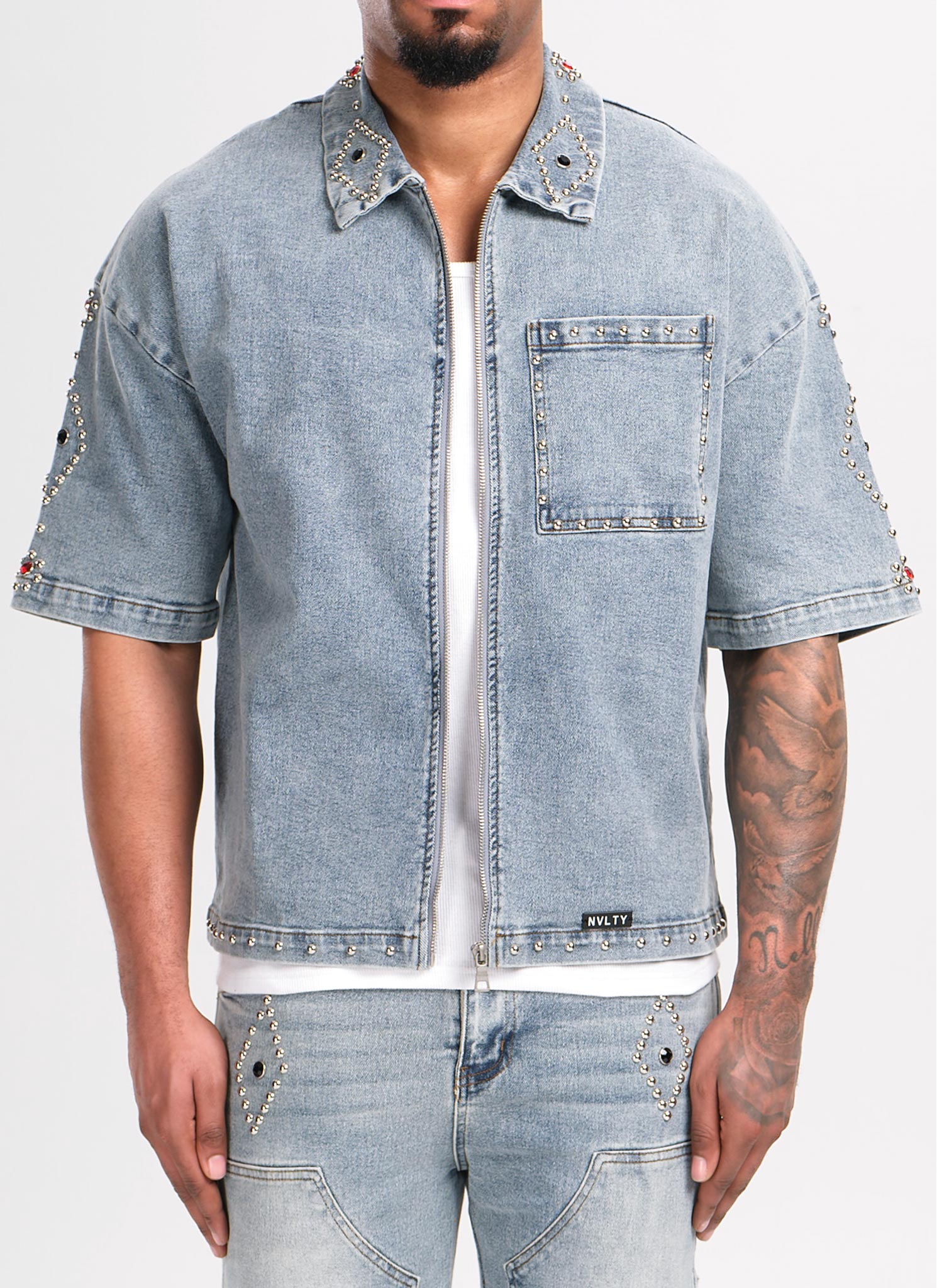 Vintage Studded Denim Shirt - Blue