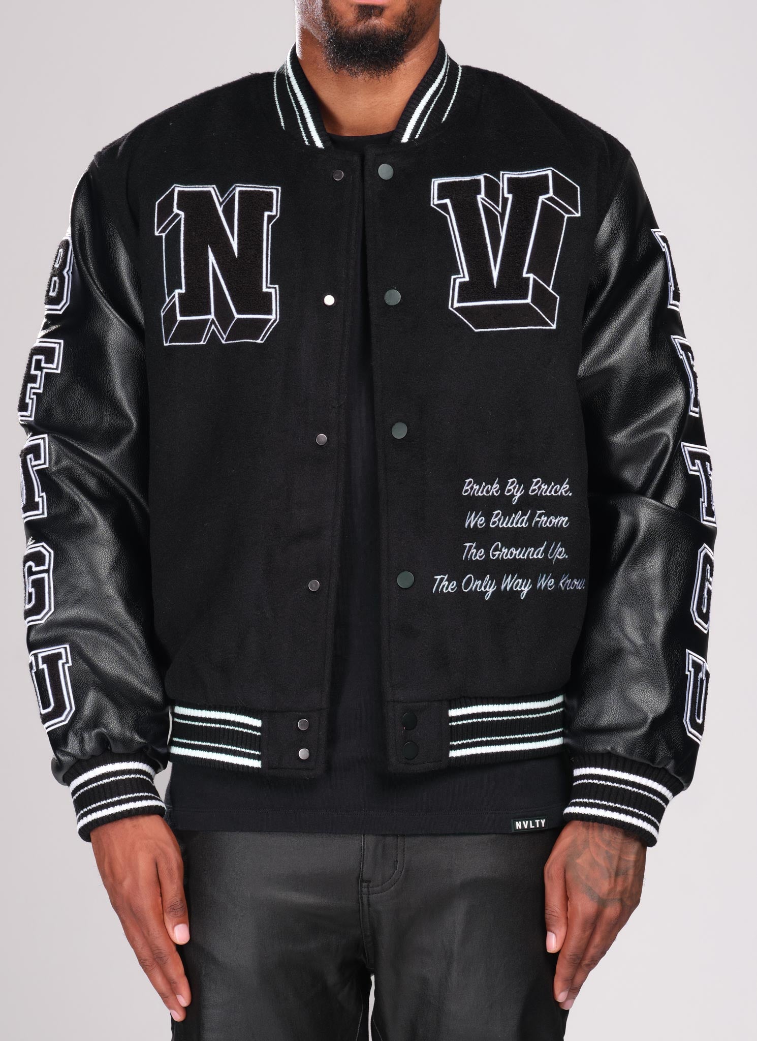 Built From The Ground Up Varsity Jacket - Black – N V L T Y