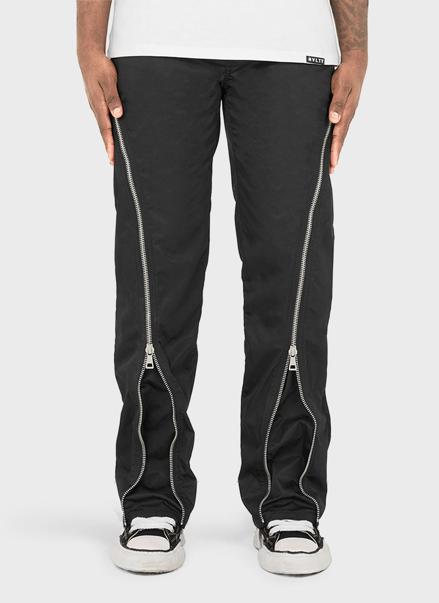 Nylon Flare Zipper Pants - Black