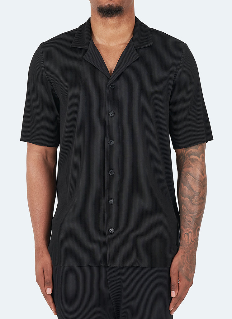 Pleated Open Collar Shirt - Black – N V L T Y
