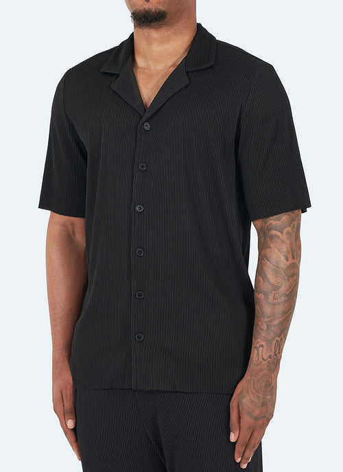 Pleated Open Collar Shirt - Black