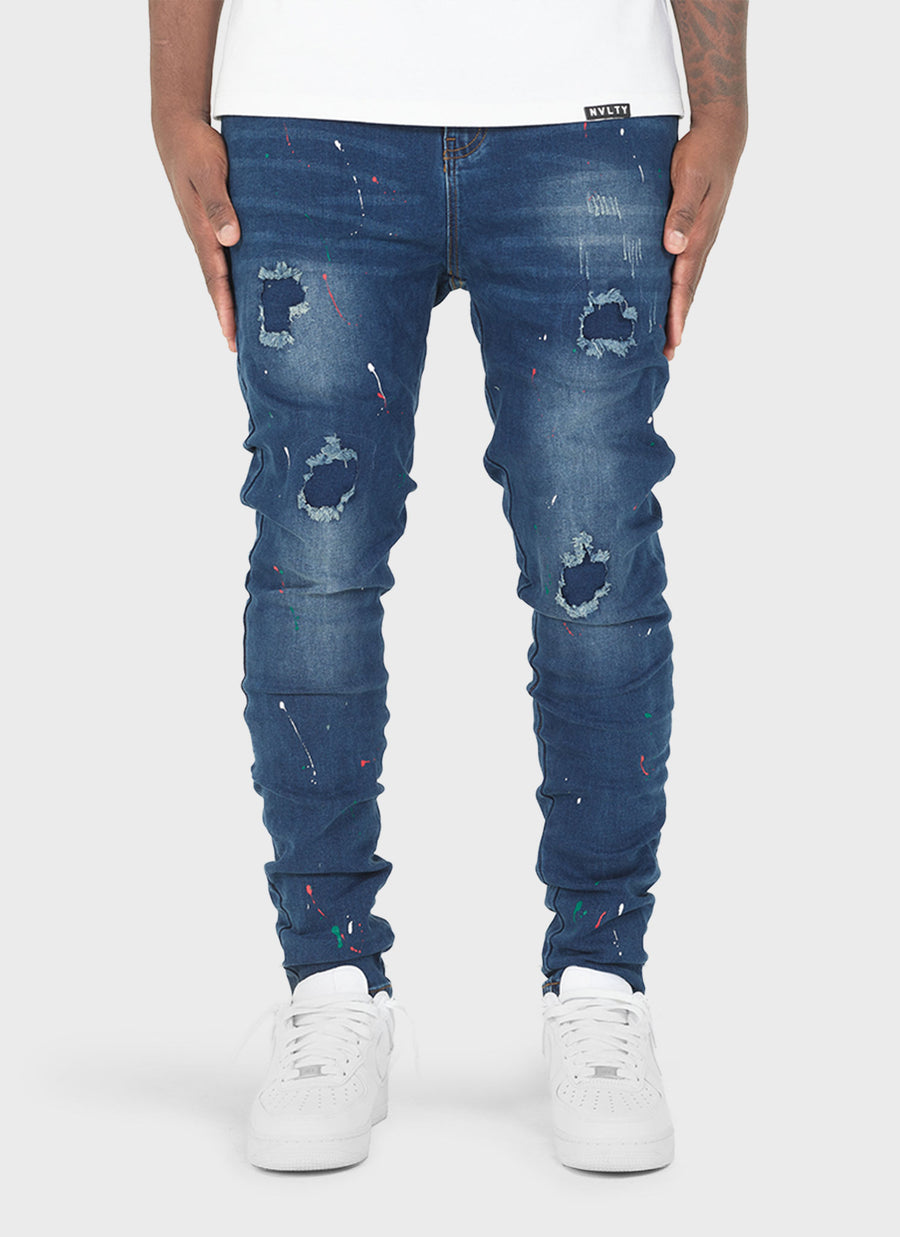 Patchwork Paint Jeans - Dark Blue