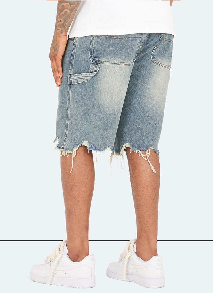 Vintage Raw Hem Denim Shorts - Blue