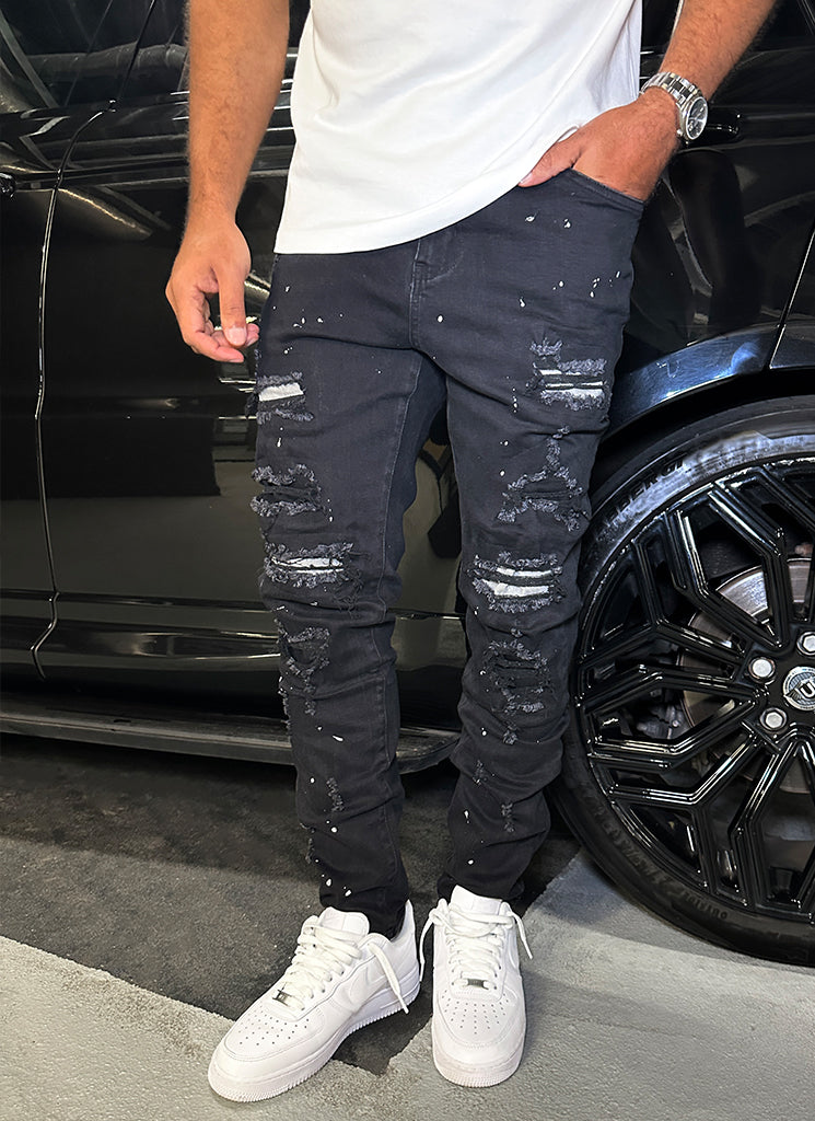 Repaired Paint Jeans - Black