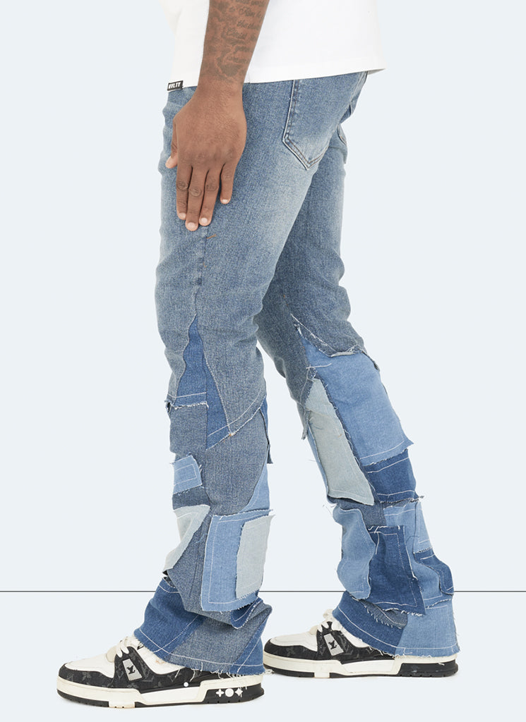 Vintage Flare Patchwork Jeans - Blue