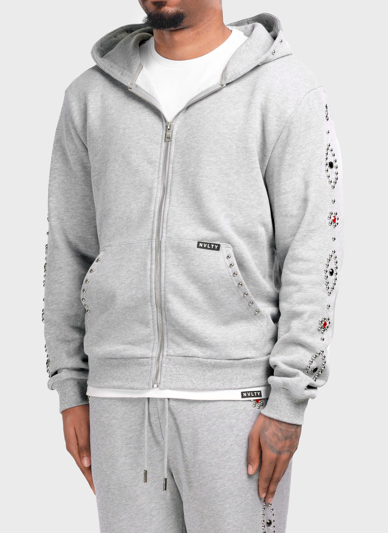 Vintage Studded Zip Hoodie - Grey