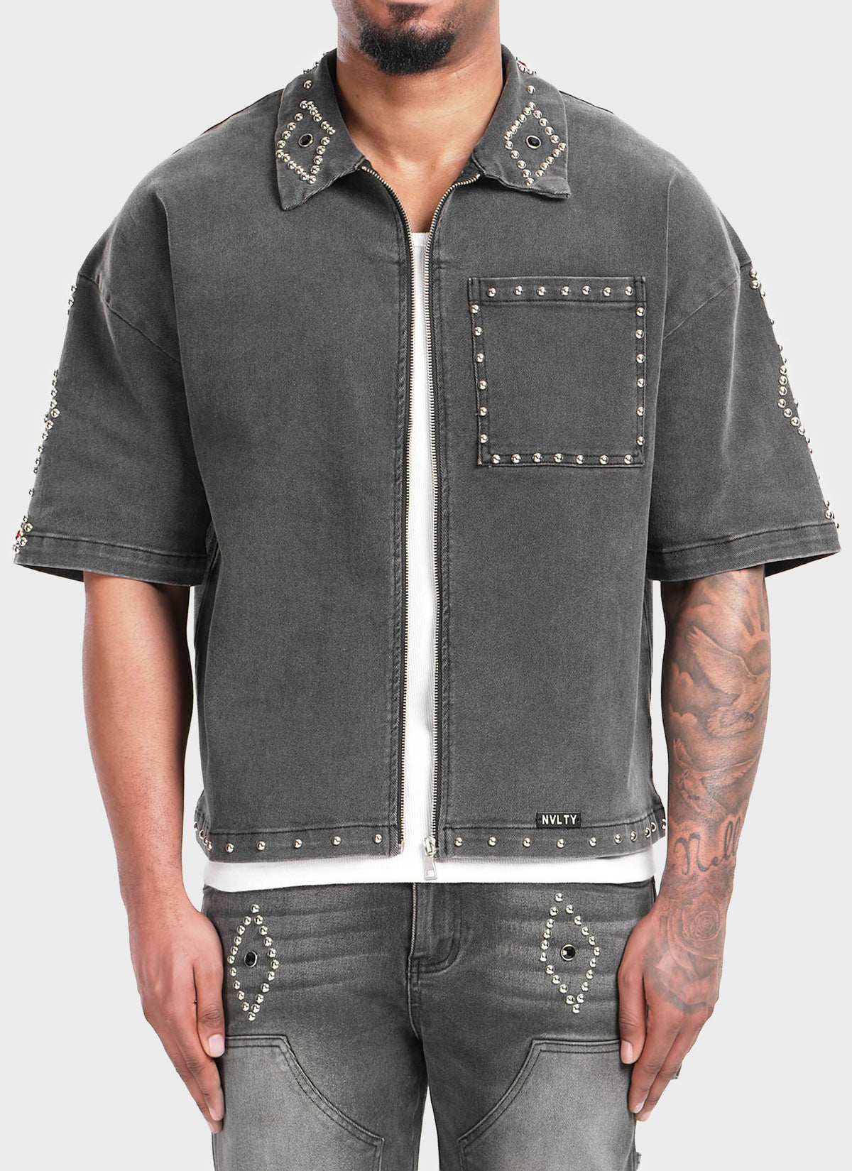 Vintage Studded Denim Shirt - Black