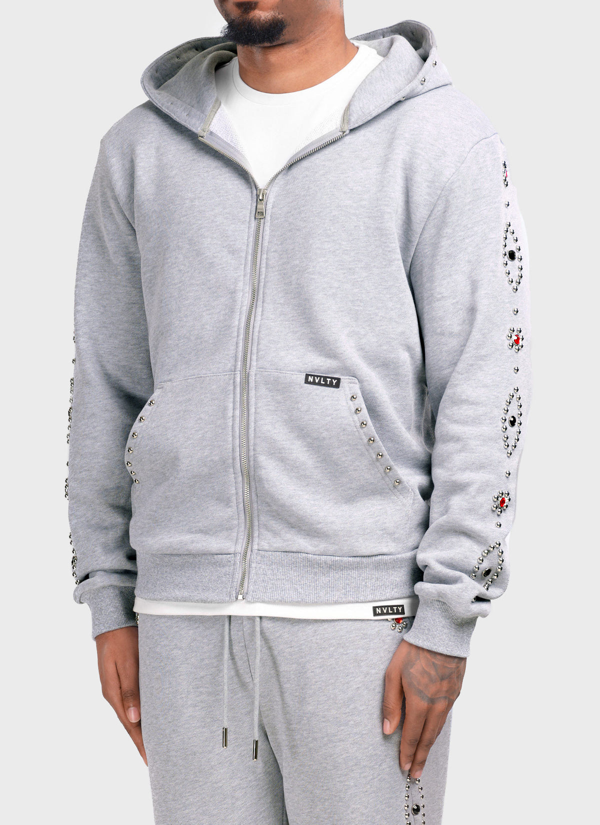 Vintage Studded Zip Hoodie - Grey