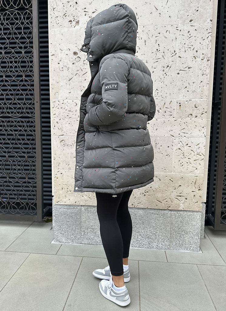 NVLTY Womens Long Paint Puffer Jacket Charcoal Grey N V L T Y