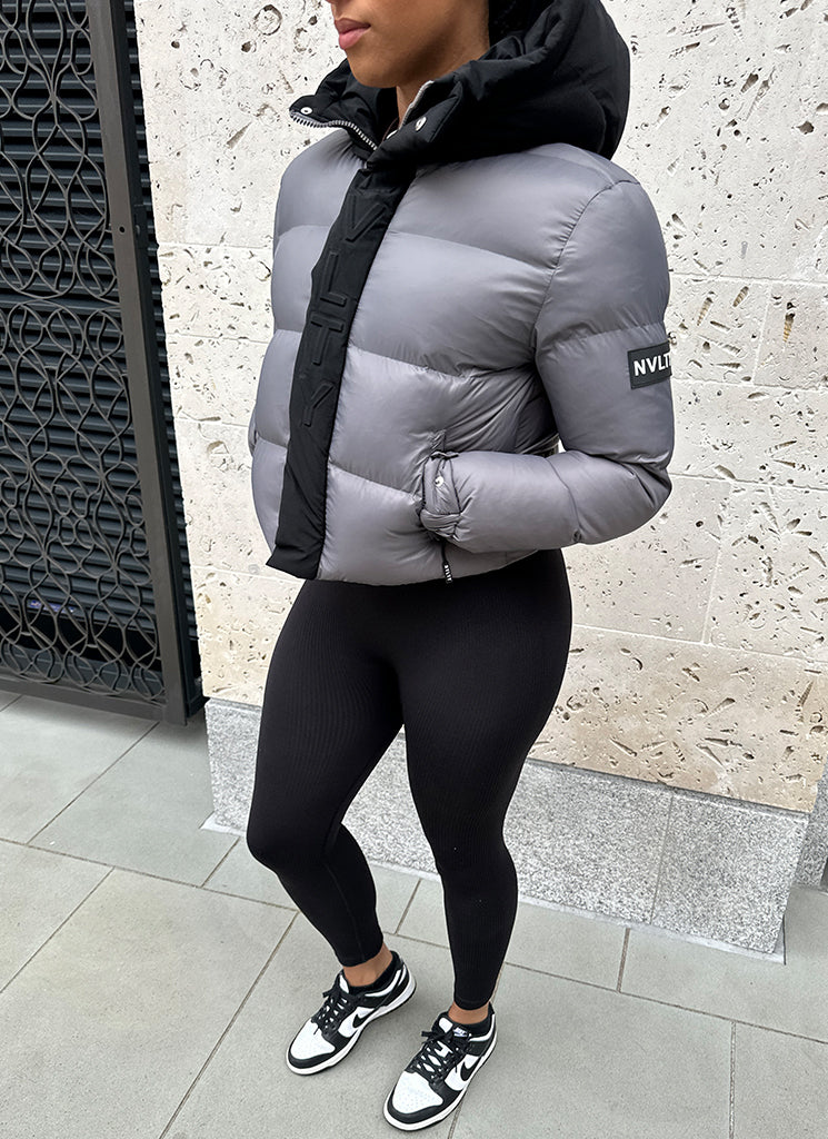 grey monogram puffer