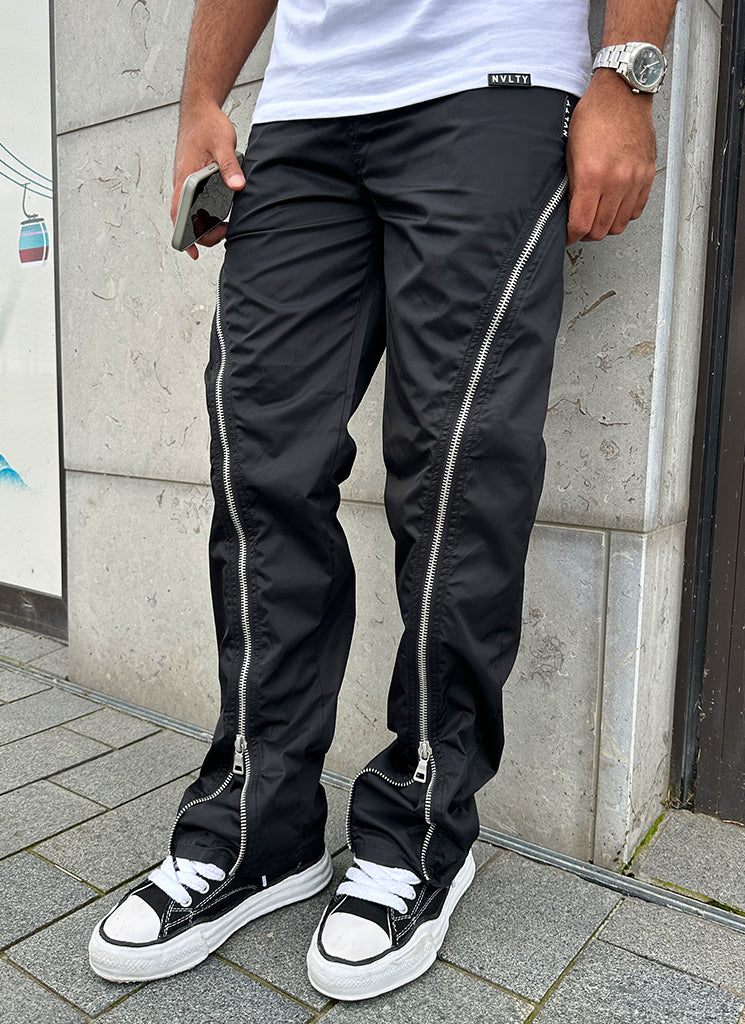 Nylon Flare Zipper Pants - Black