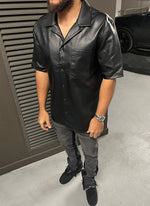 Leather Open Collar Shirt - Black