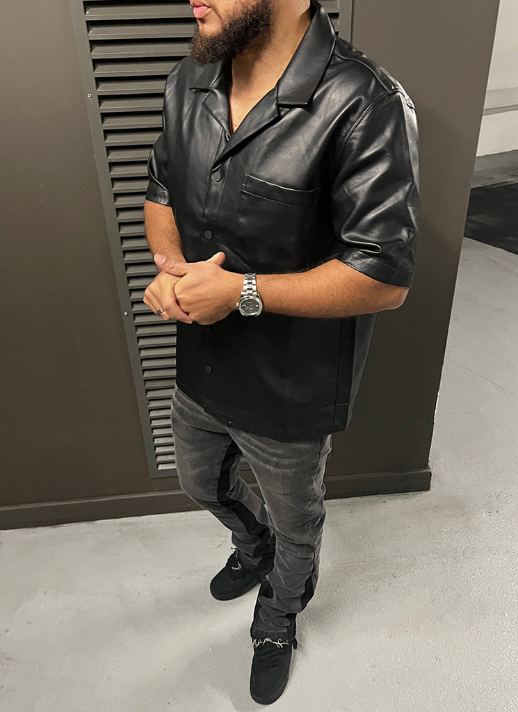 Leather Open Collar Shirt - Black