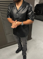 Leather Open Collar Shirt - Black