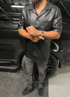 Leather Open Collar Shirt - Black