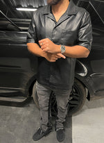 Leather Open Collar Shirt - Black