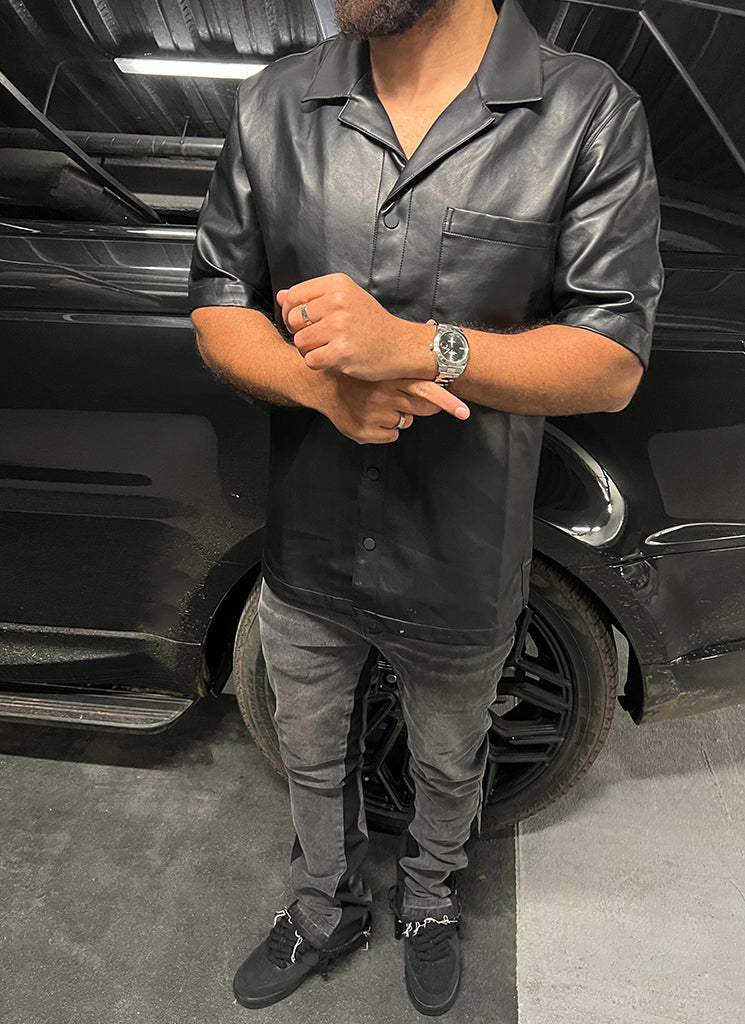 Leather Open Collar Shirt - Black