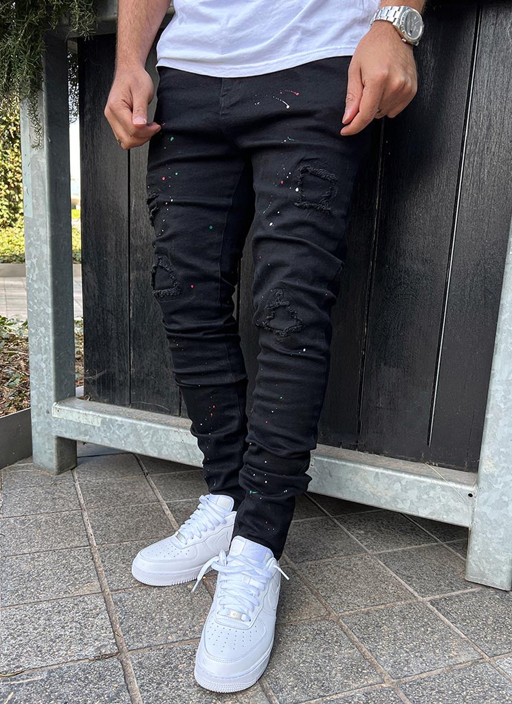 Patchwork Paint Jeans Black – N V L T Y - Main Image