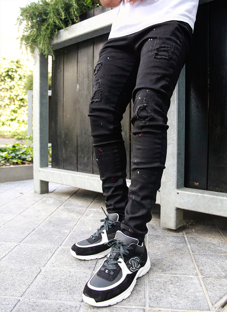 Patchwork Paint Jeans - Black