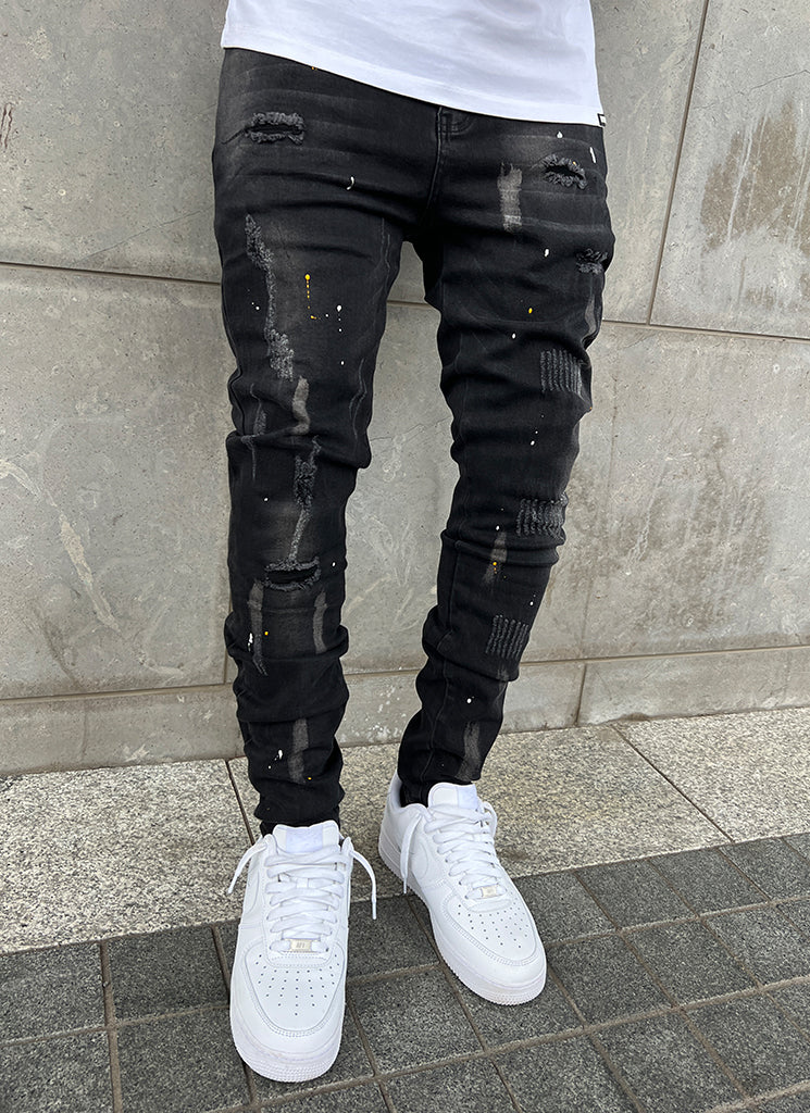 Distressed Paint Jeans - Black