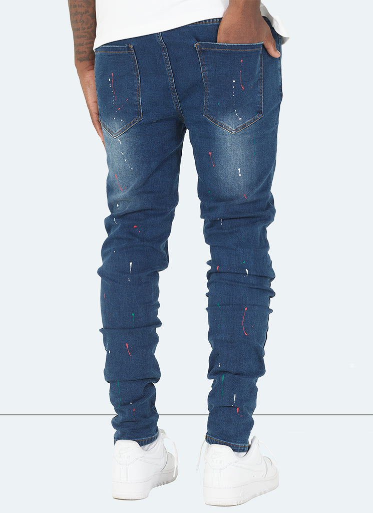 Patchwork Paint Jeans - Dark Blue