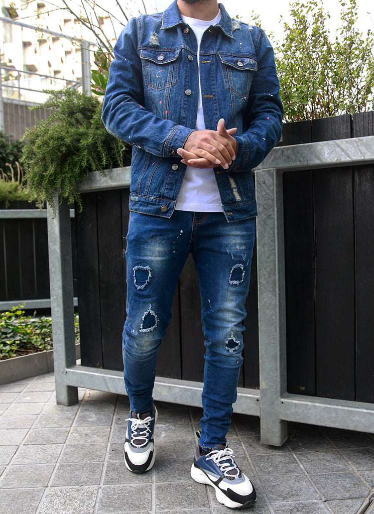 Patchwork Paint Jeans - Dark Blue