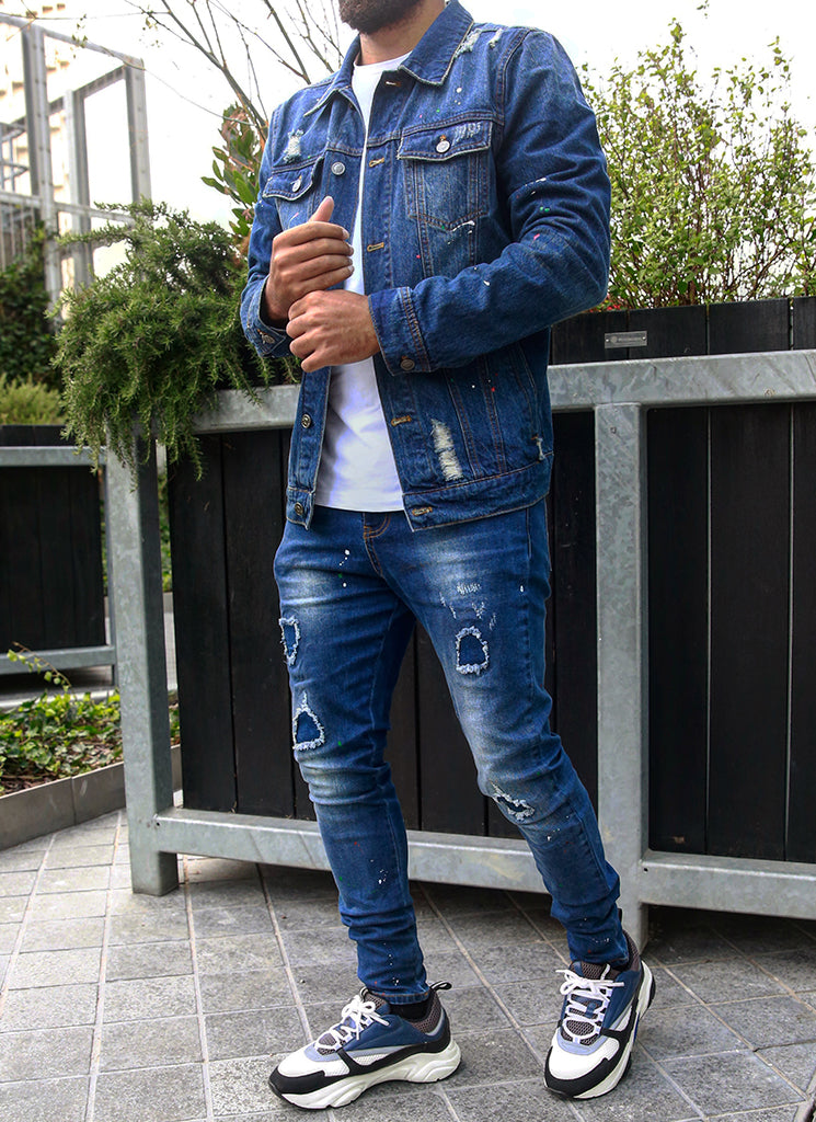 Patchwork Paint Jeans - Dark Blue