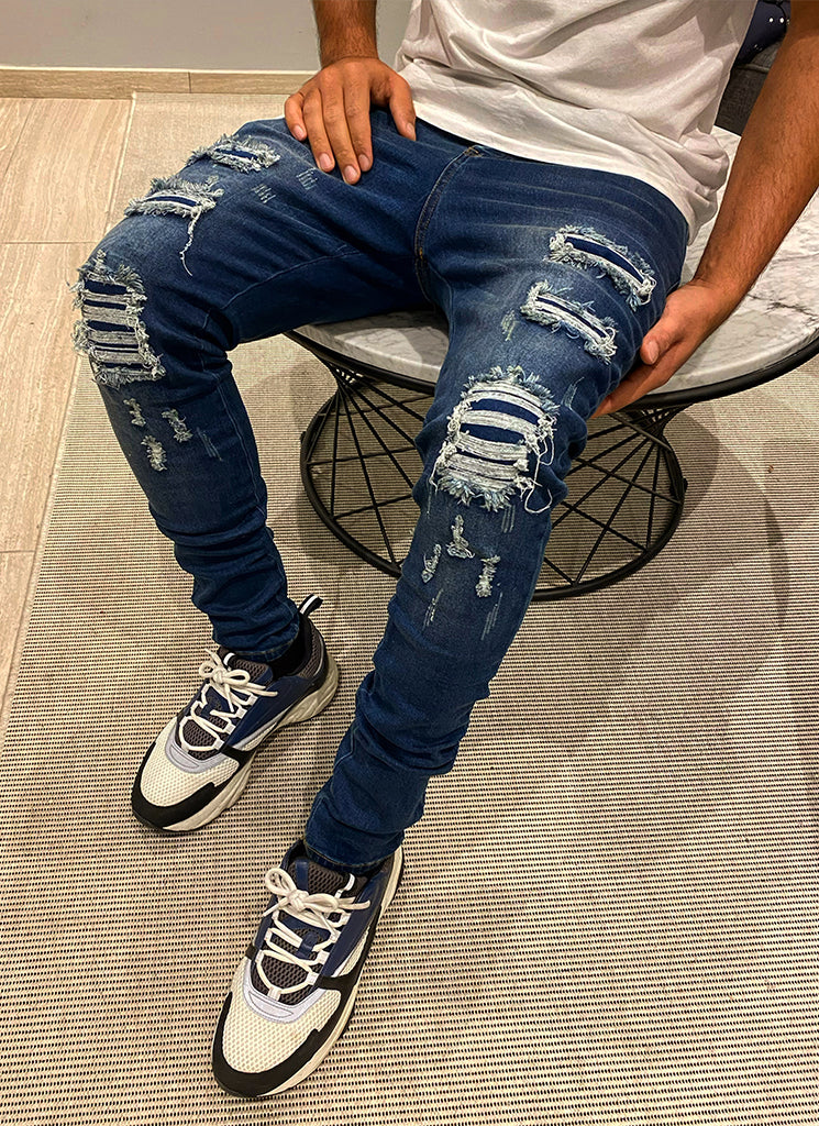 Ripped & Repaired Jeans - Dark Blue