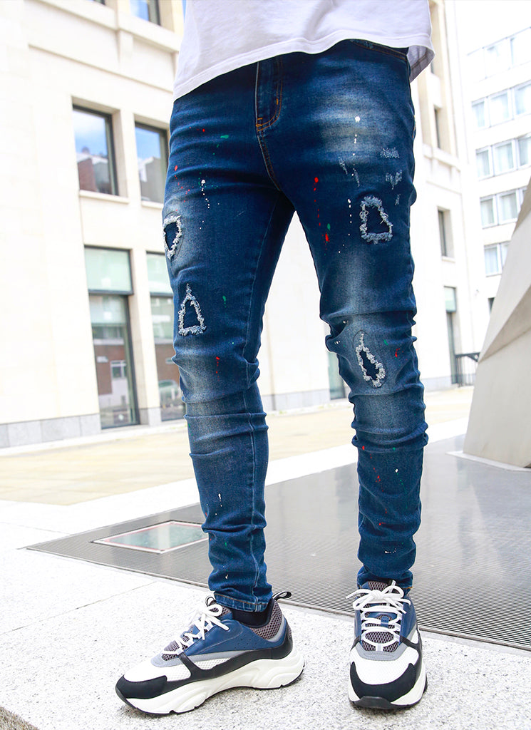 Patchwork Paint Jeans - Dark Blue