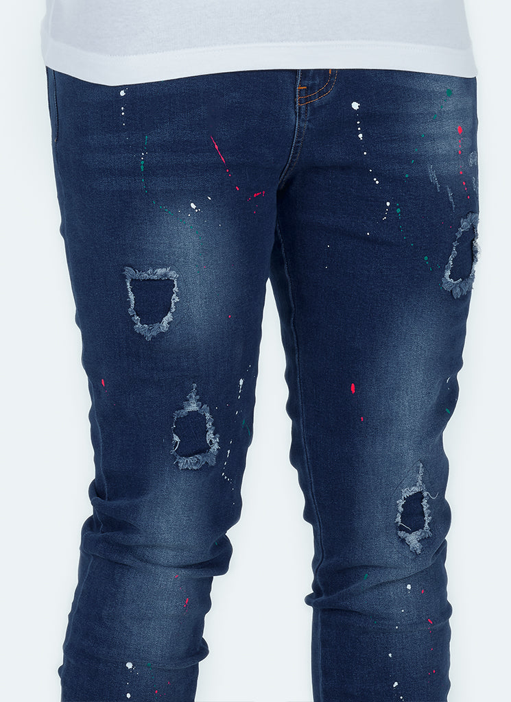 Patchwork Paint Jeans - Dark Blue