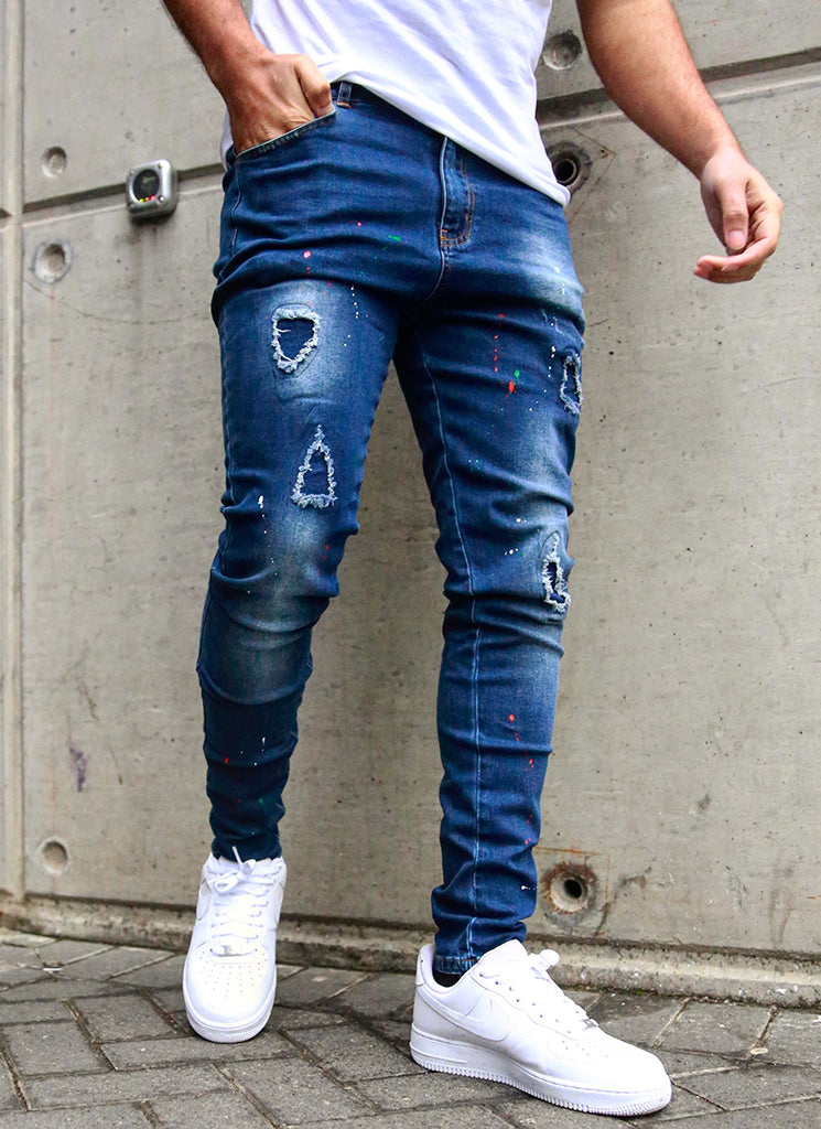 Patchwork Paint Jeans - Dark Blue