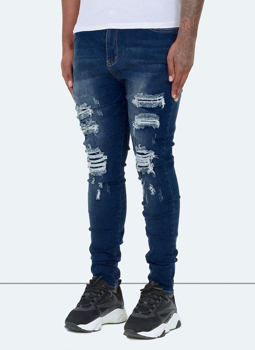 Ripped & Repaired Jeans - Dark Blue