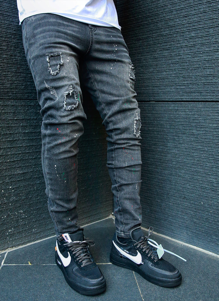 Patchwork Paint Jeans - Grey