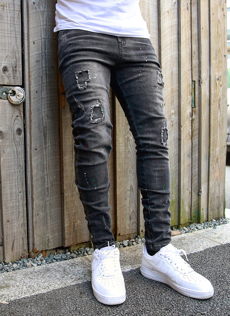 Patchwork Paint Jeans - Grey