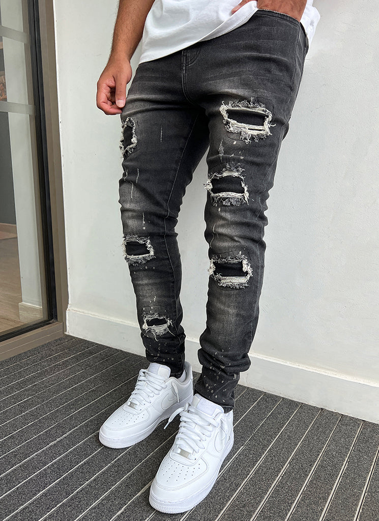 Triple Patchwork Jeans Grey – N V L T Y - Main Image