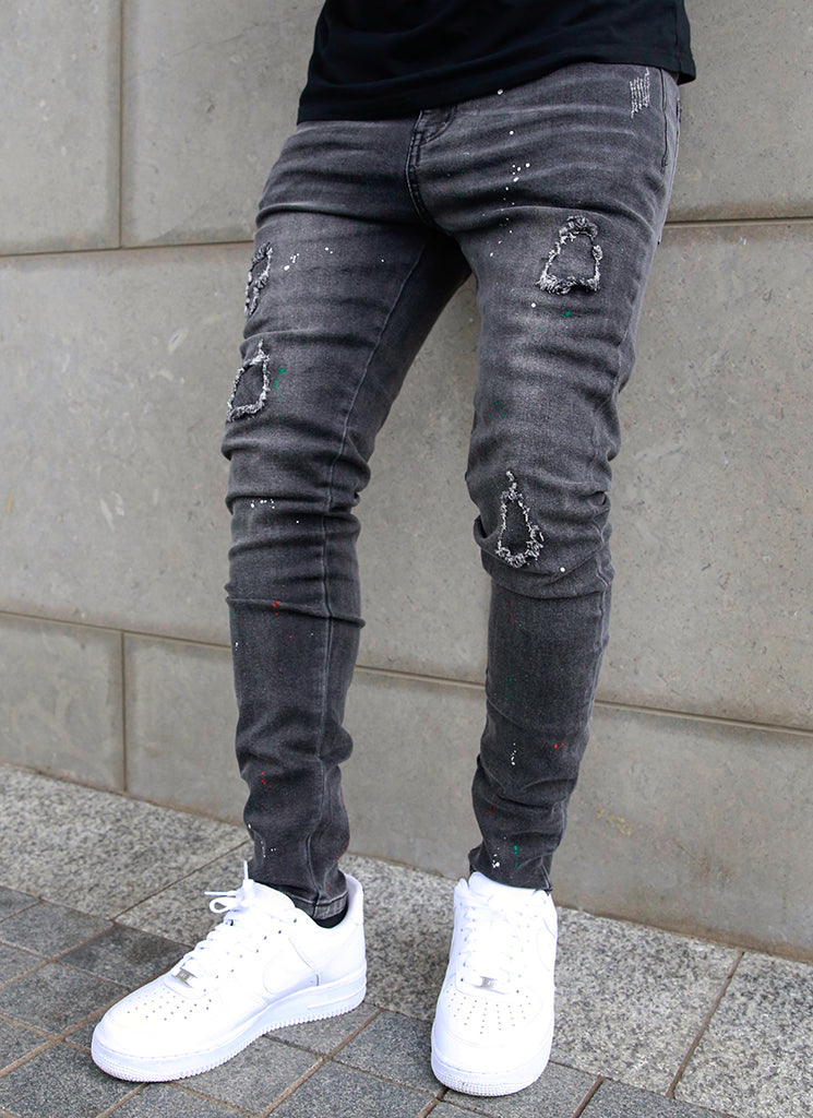 Patchwork Paint Jeans - Grey
