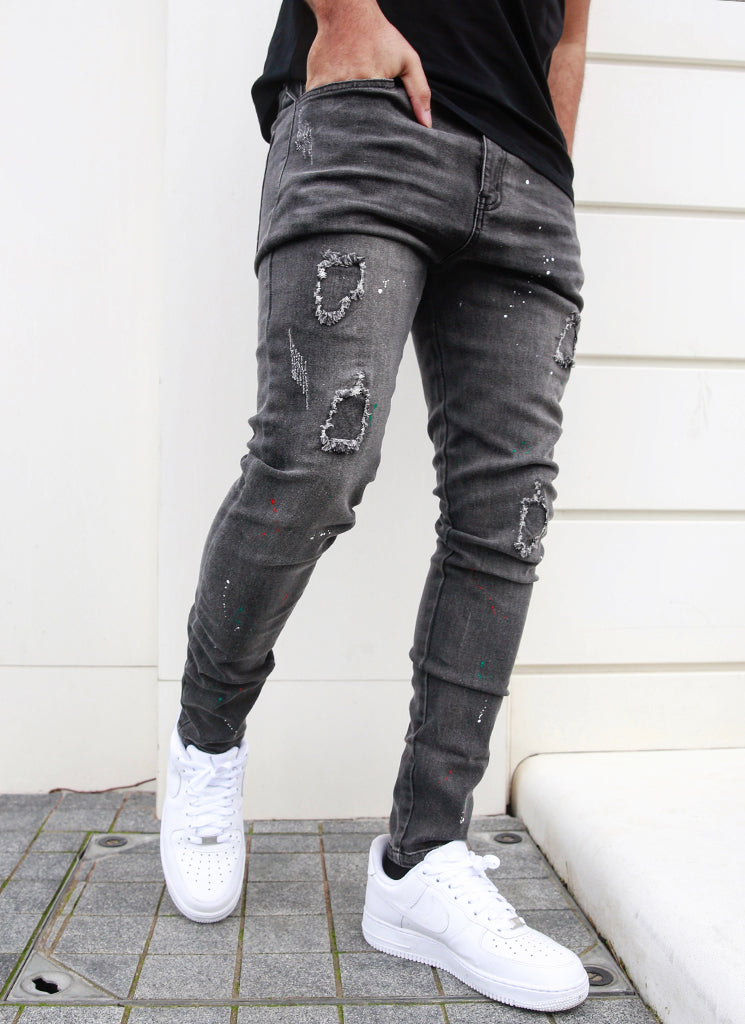 Patchwork Paint Jeans - Black